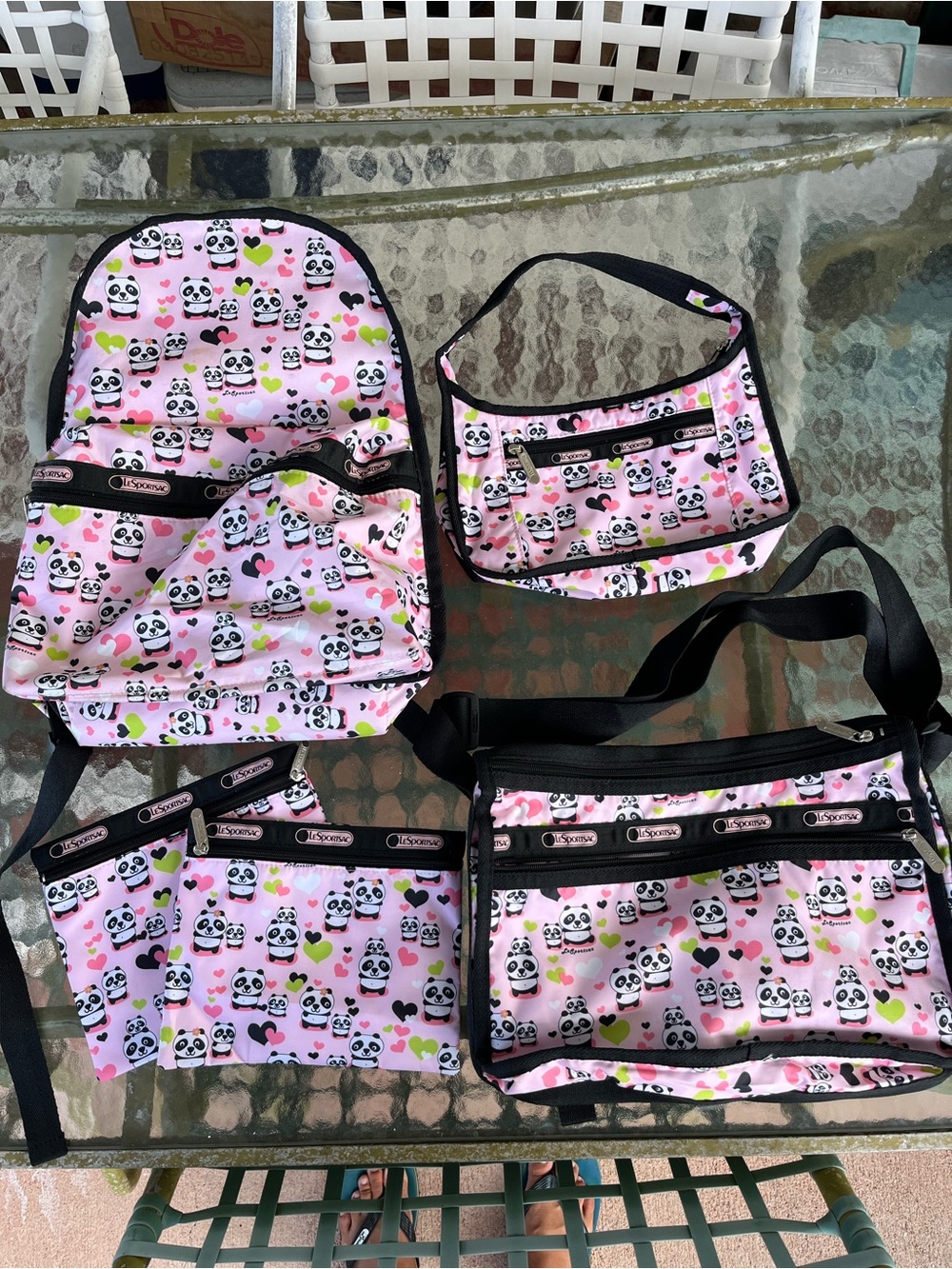 LeSportsac Pink Panda with Hearts Backpack/Bag Set